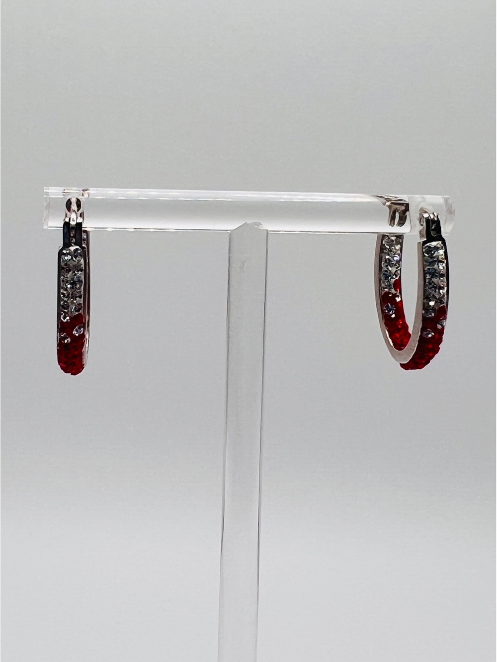 KD 925 Sterling Silver Red Clear CZ Hoop Earrings Malaysia Signed